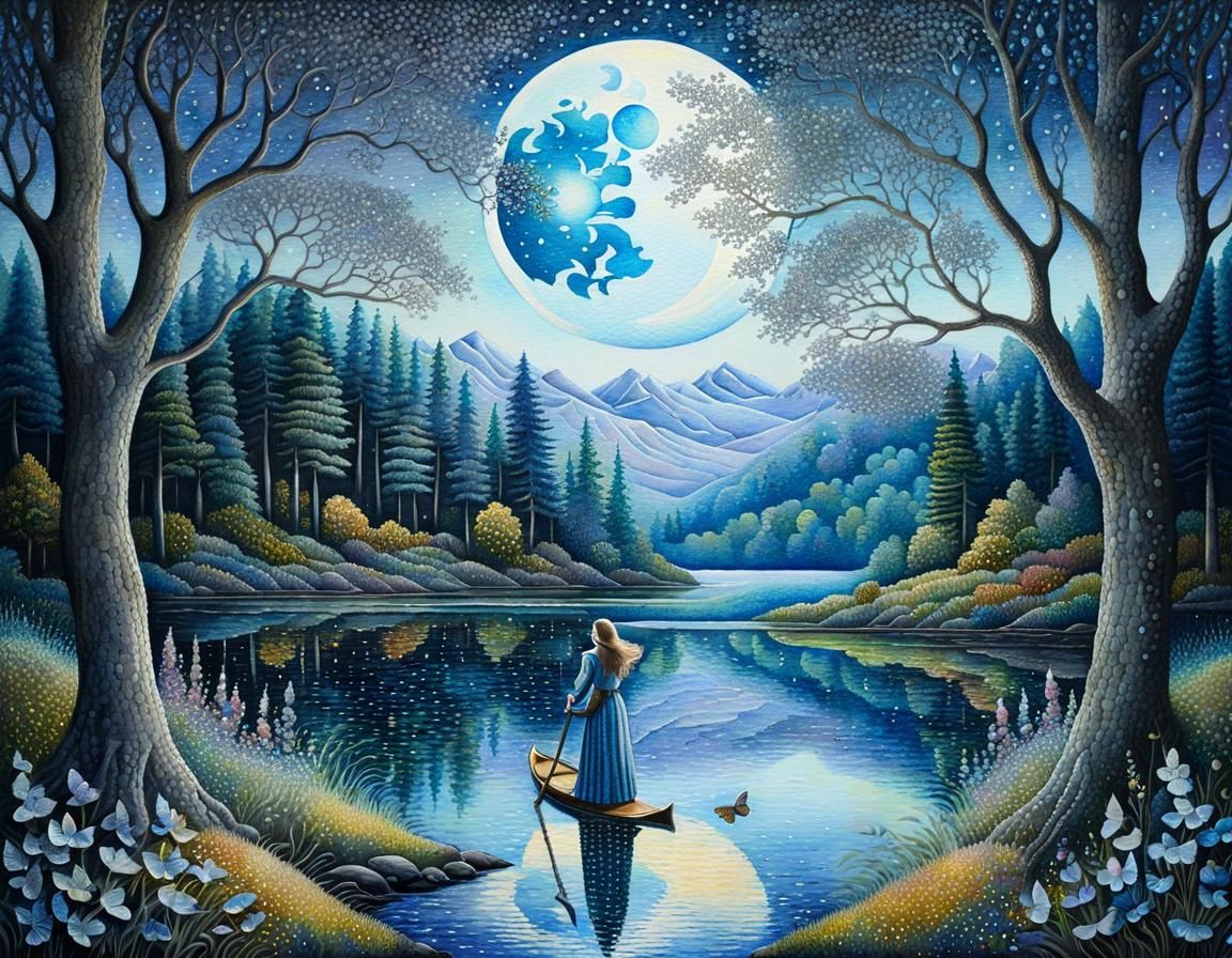 Lady of the Lake: Surreal Pointillist Aquarelle