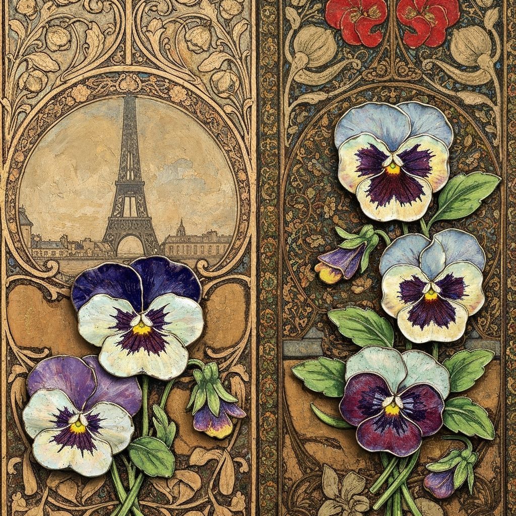 Enameled Pansies on Parisian Wall in Neo-Impressionist Style