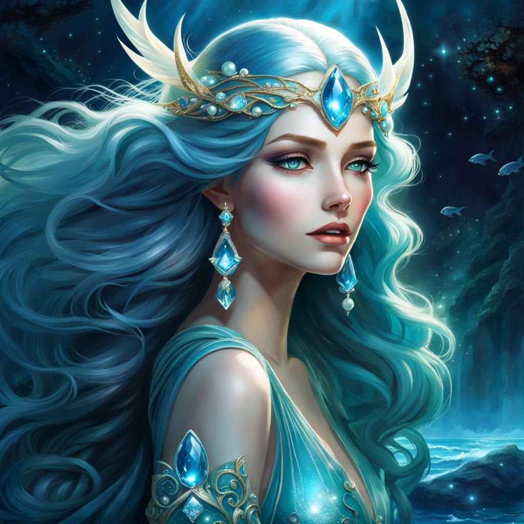 Elf Moon Priestess in Starry Aquatic Dress