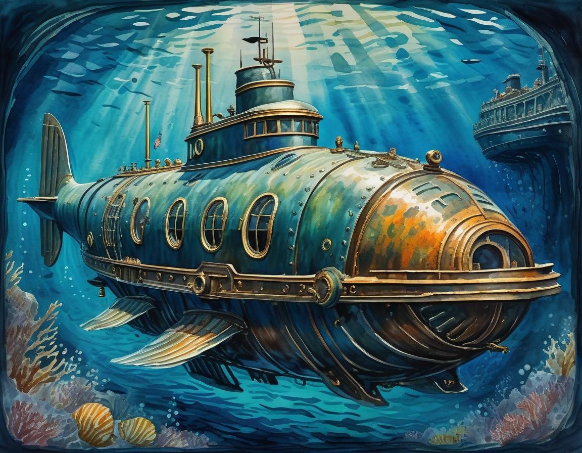 Nautilus Submarine in Gouache Watercolor Style