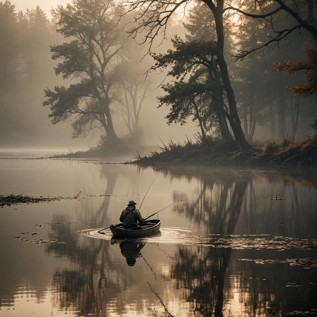 Angler in Misty Lake at Dawn: Hyper-Realistic Photography
