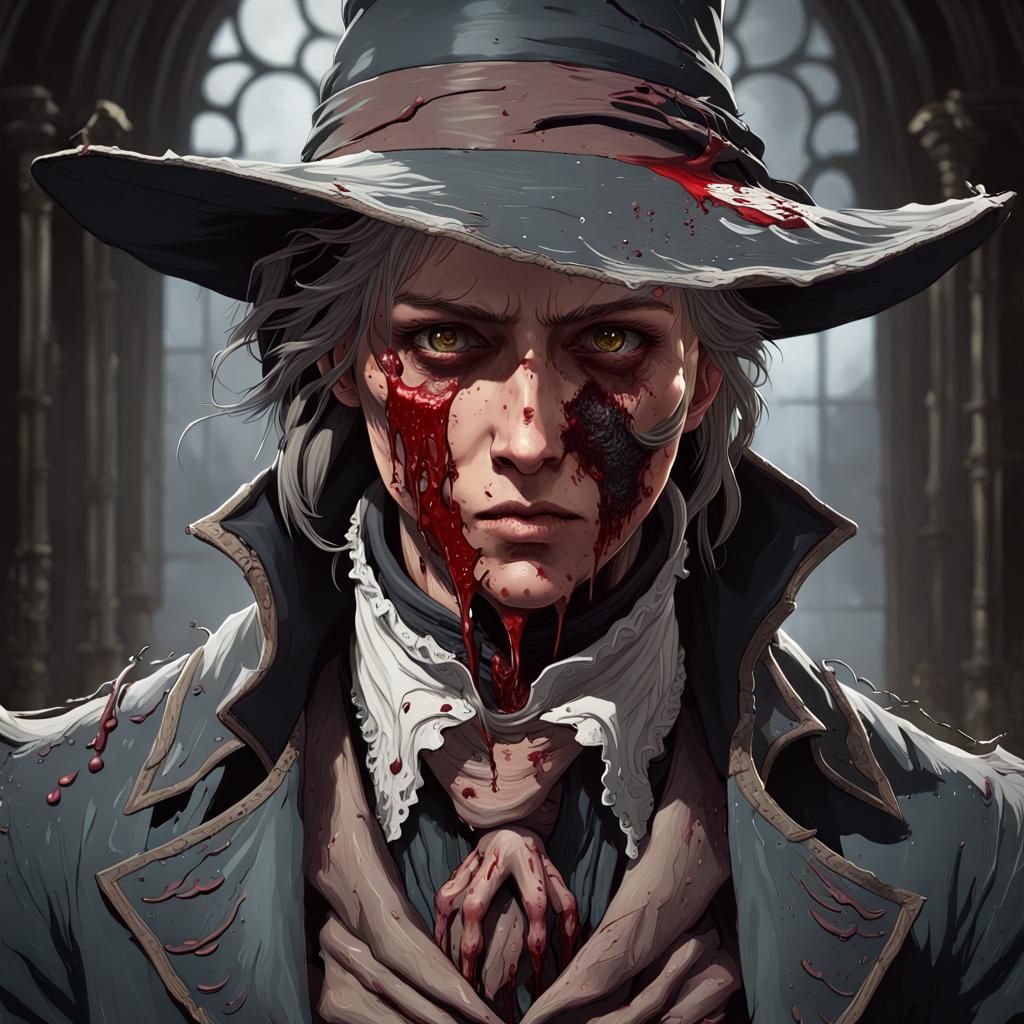 Bloodborne-Inspired Bloody Portrait in Gouache and Acrylic