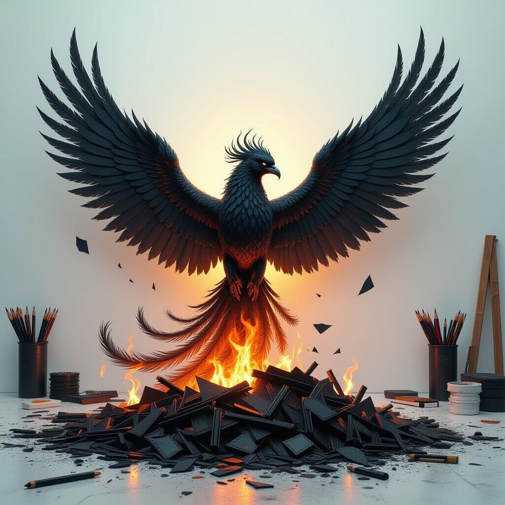 Phoenix Rises from Burnt Pencils in Dark Realism Style