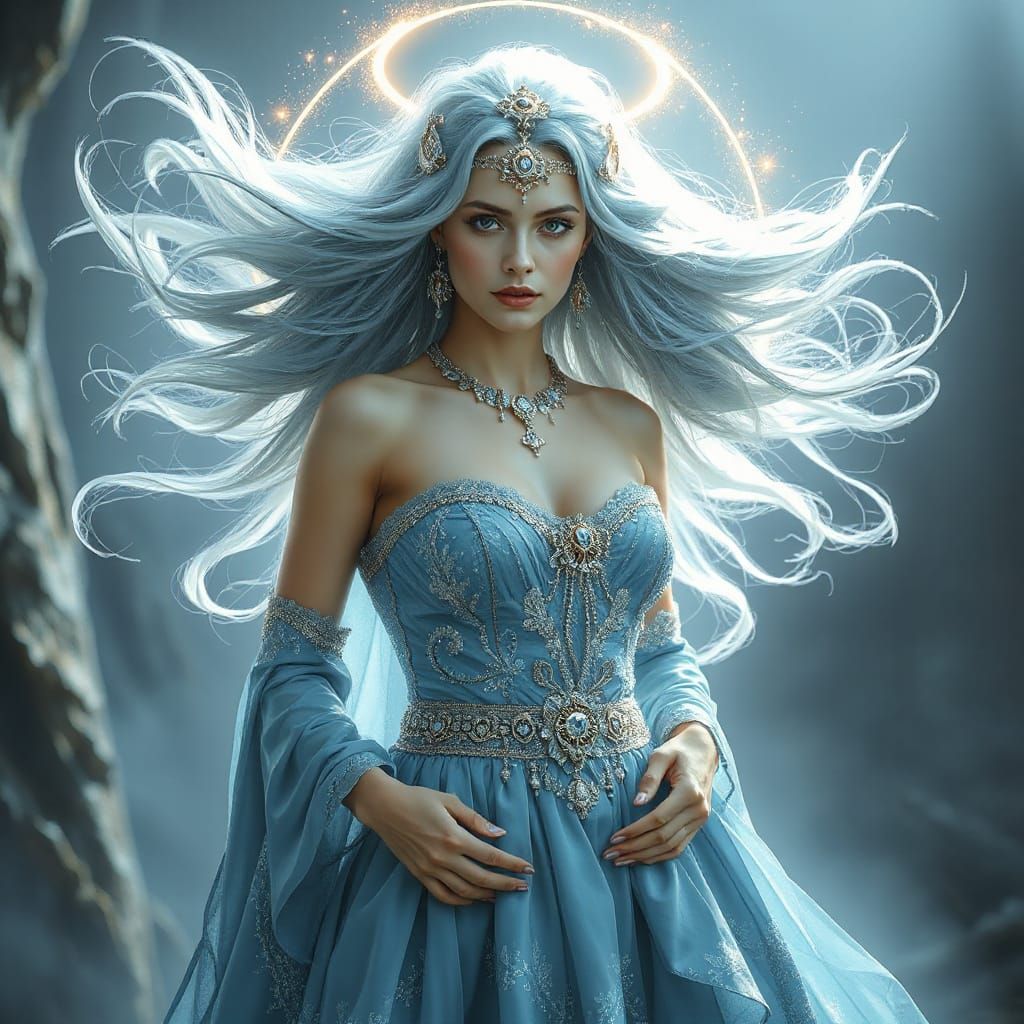 Celestial Woman in a Mystical Sci-Fi Landscape