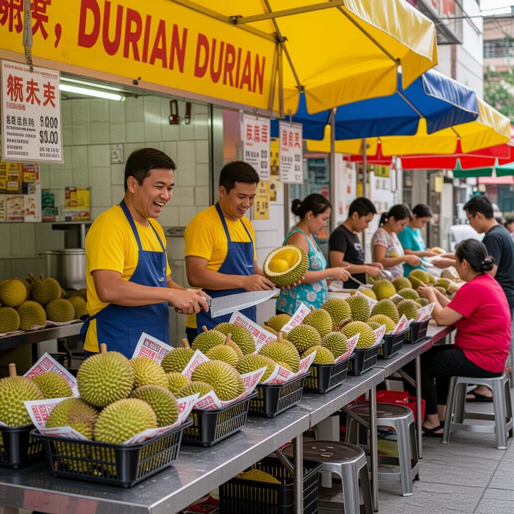 Vibrant Durian Stand in Art Nouveau Style