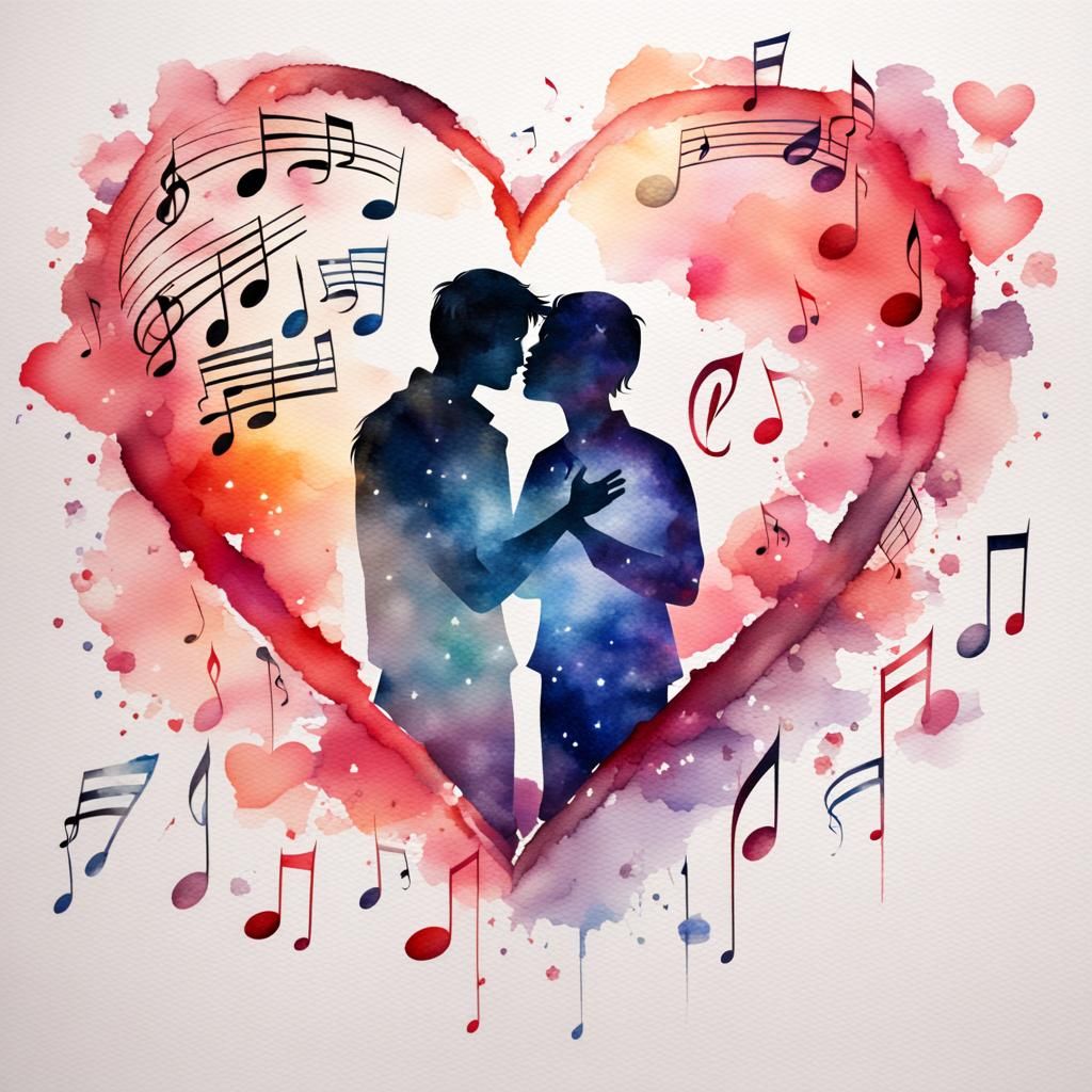 Musical Heart with Kissing Couple: Watercolor Art