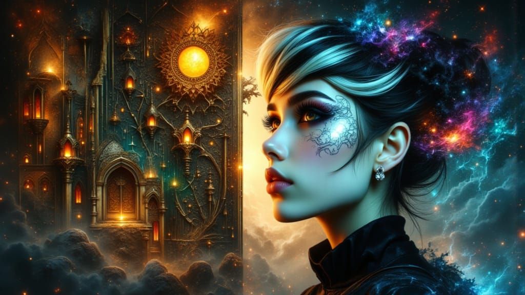 Woman Opens Door to Mystical Realm in Hyper-Realistic Style