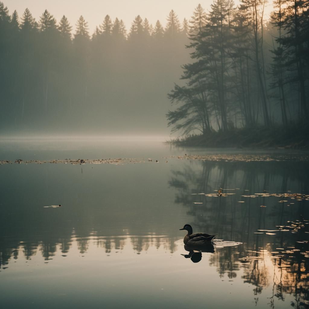 Duck on Misty Lake at Dawn: Cinematic Film Still
