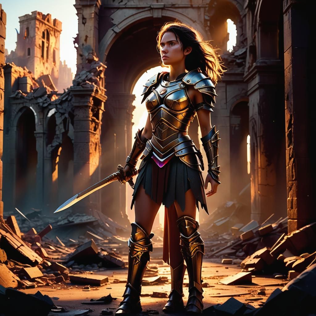 Female Warrior Victorious in Ruined City