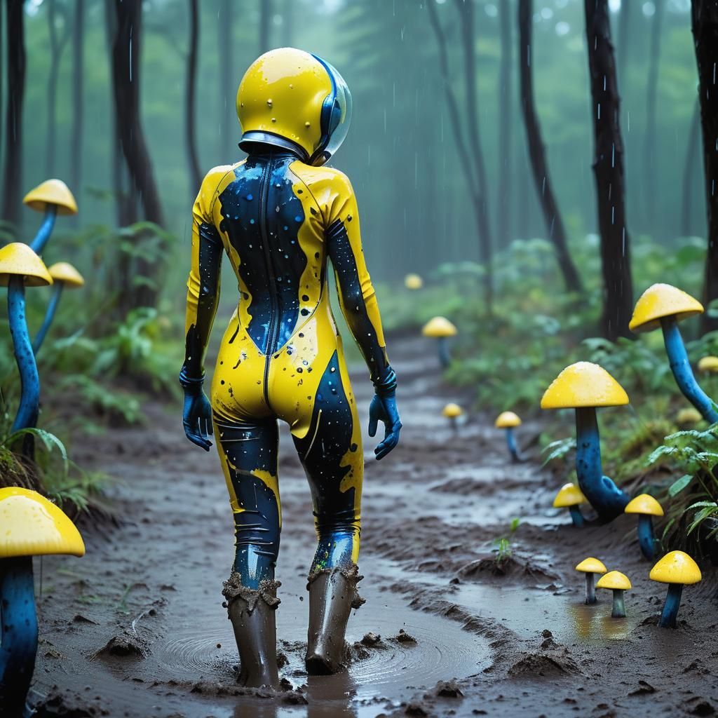 Woman in Yellow Latex Suit Among Blue Mushrooms