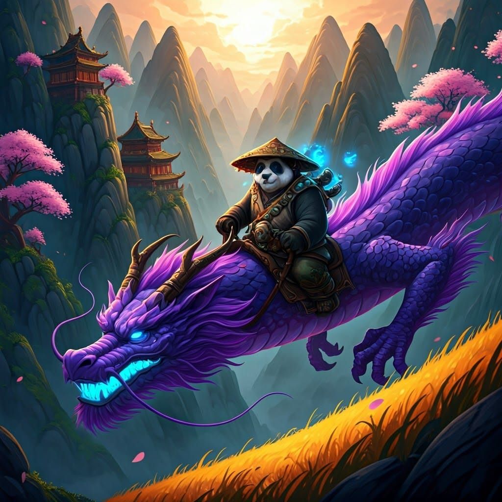 Pandaren Monk on Dragon in Artstation Style