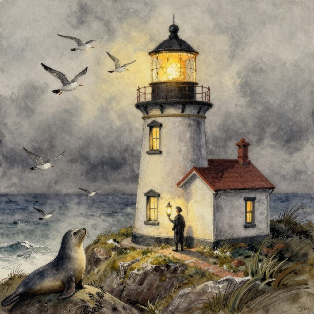 Lighthouse Keeper with Lantern in Stormy Dusk Watercolor Pai...
