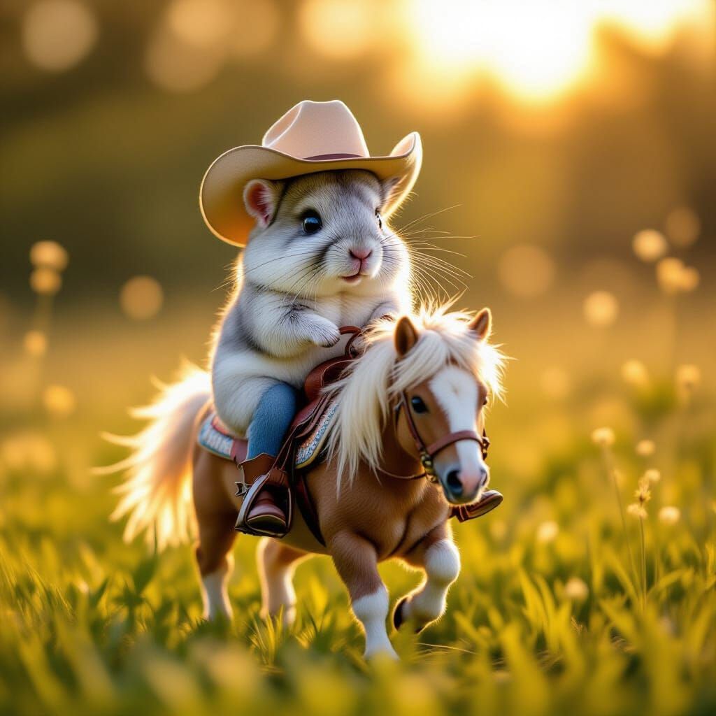Chinchilla Cowboy Rides Mini Horse in Sunlit Meadow