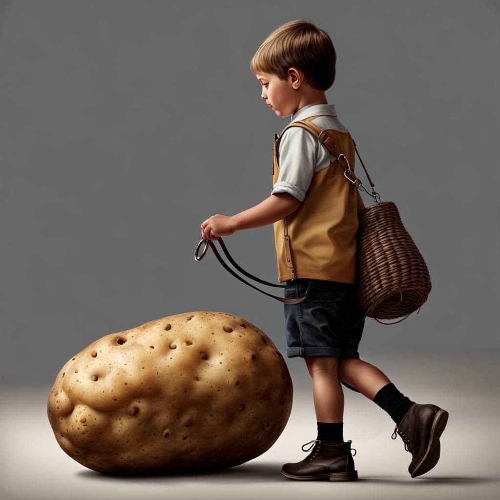 Child Walks Pet Potato on Leash