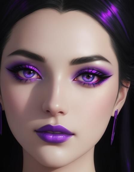 Ethereal beauty young lady with black hair and purple eyes with black eyeshadow with holographic purple eyeshadow accent...