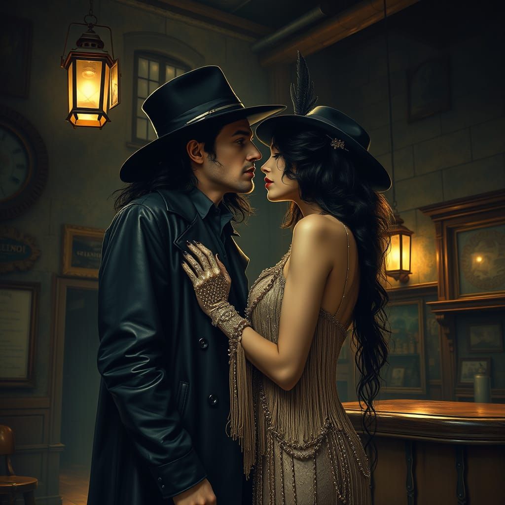 Gothic Revolver Lady Kisses Showgirl in Abandoned Saloon