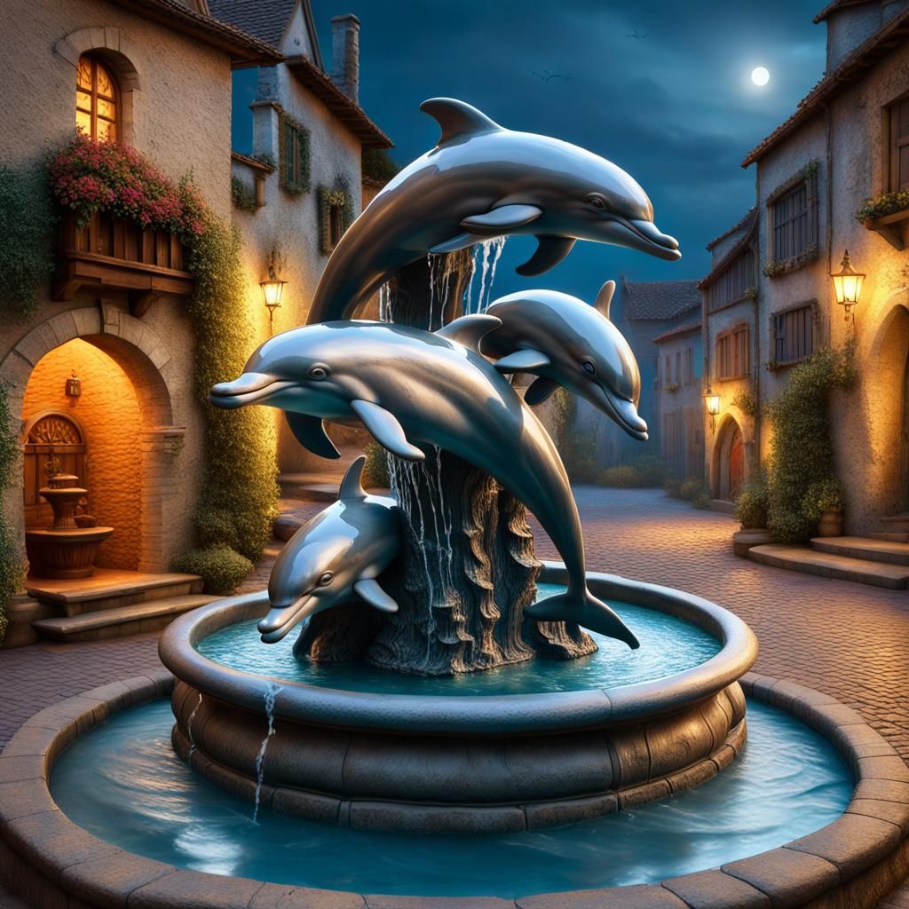 The Majestic Dolphins water fountain in an old village