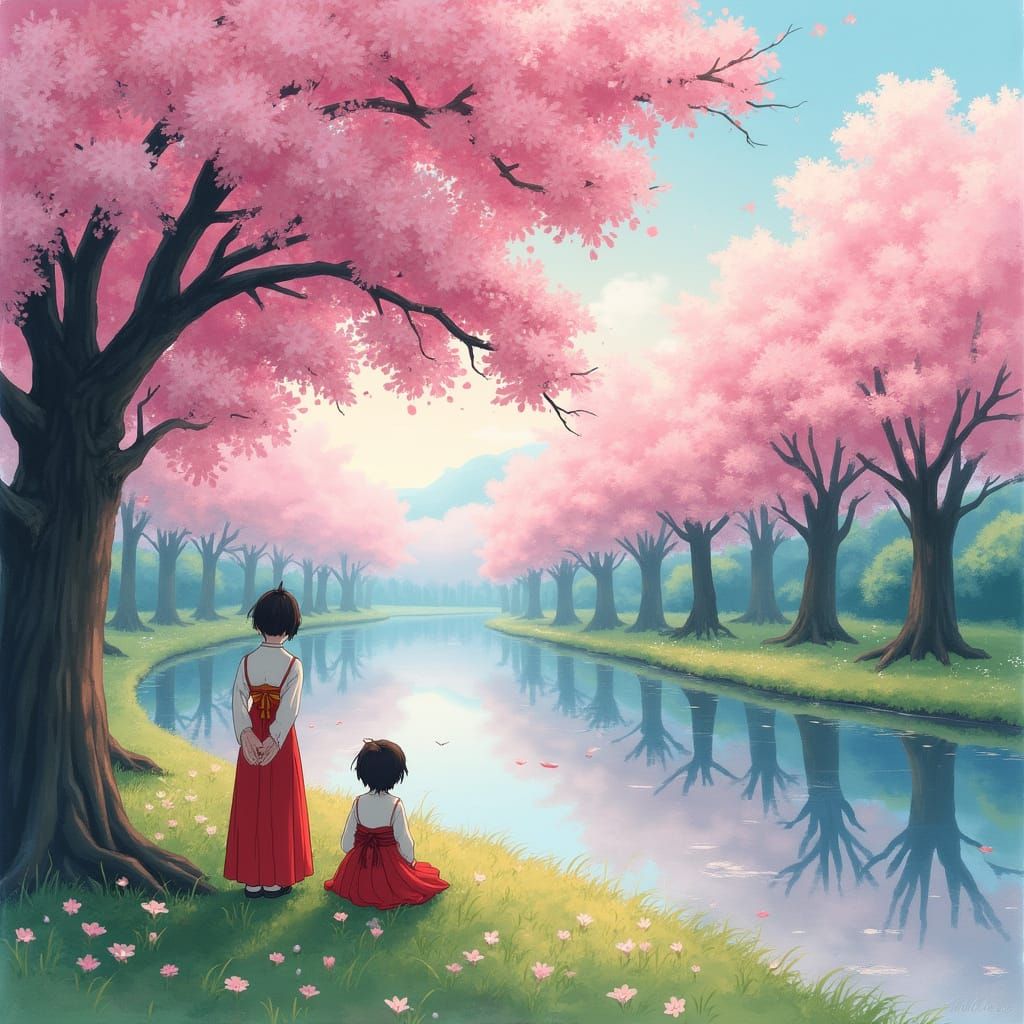 Blooming Sakura Trees by River in Watercolor Style