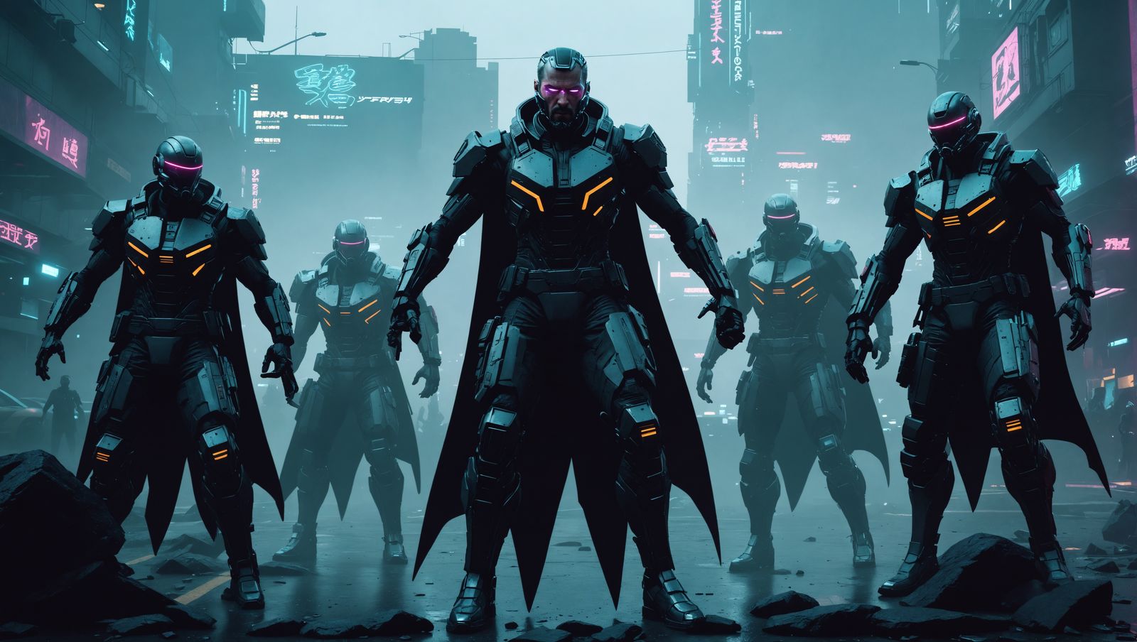 Cyberpunk Sentinels in Neon Cityscape
