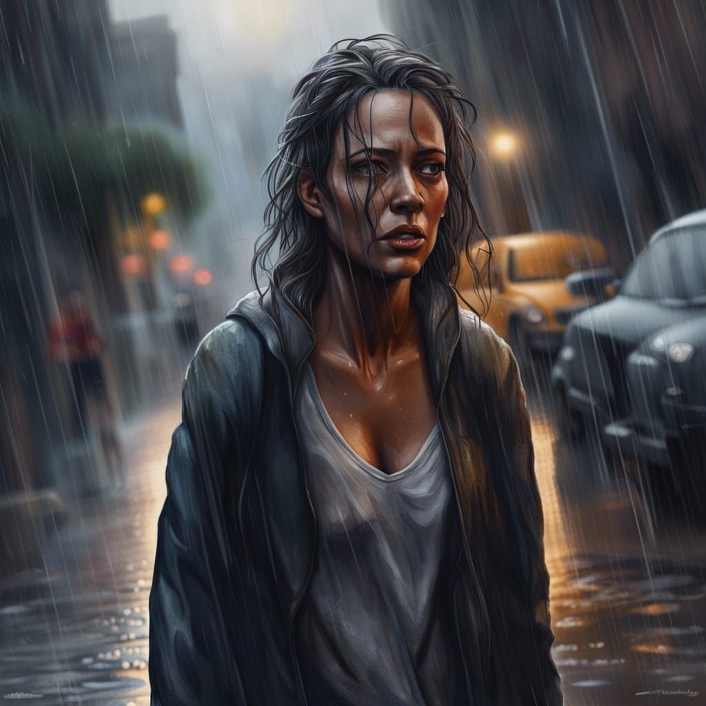 Woman in Rain: Photorealistic Digital Painting