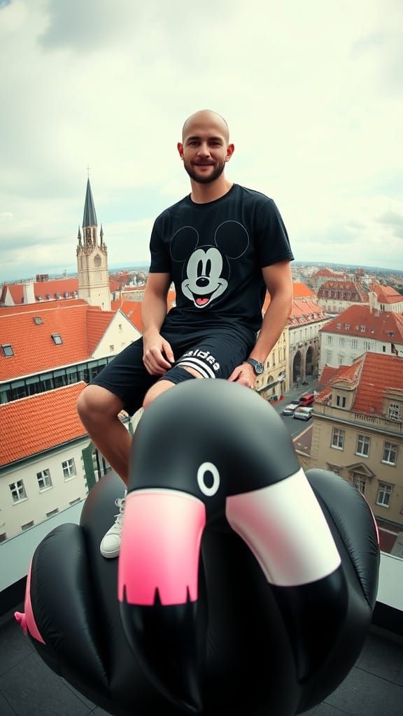 Male Model on Flamingo Overlooking Cityscape, Photorealistic...