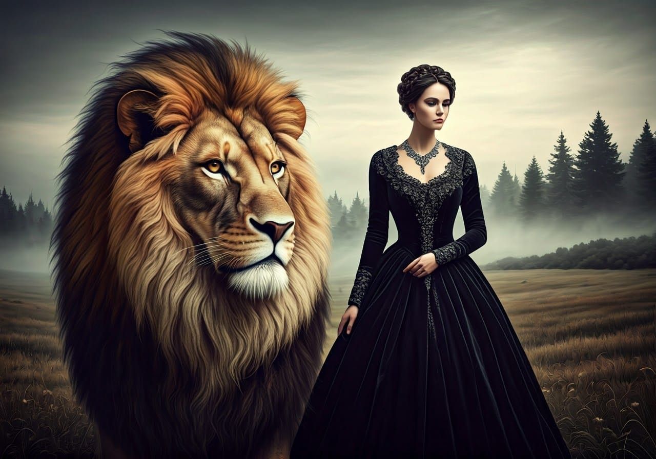 Elegant Woman Stands Beside Majestic Lion in Mystical Landsc...