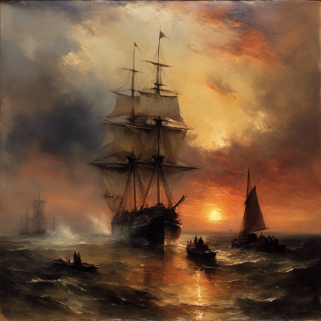 Stately Ship Docking: Impasto Oil Painting at Sunset