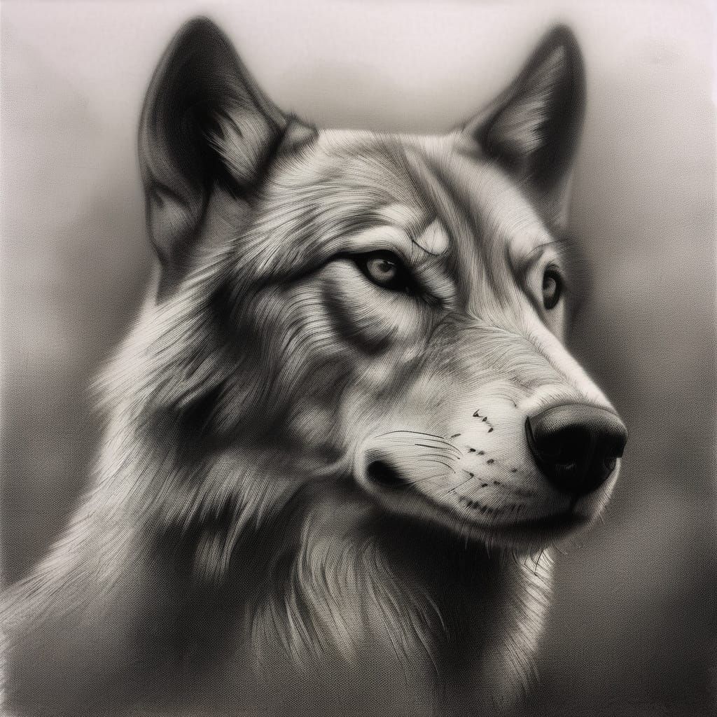Sad Wolf Sketch Portrait in Realistic Pencil Style