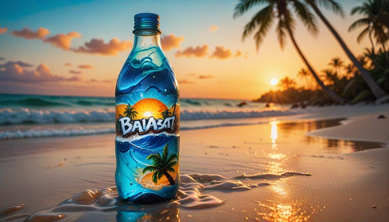 Surreal Baja Blast Bottle on Beach, Oil Painting