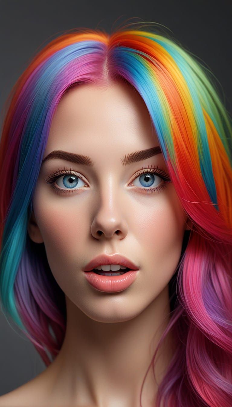 Hyperrealistic Portrait of Woman with Rainbow Hair
