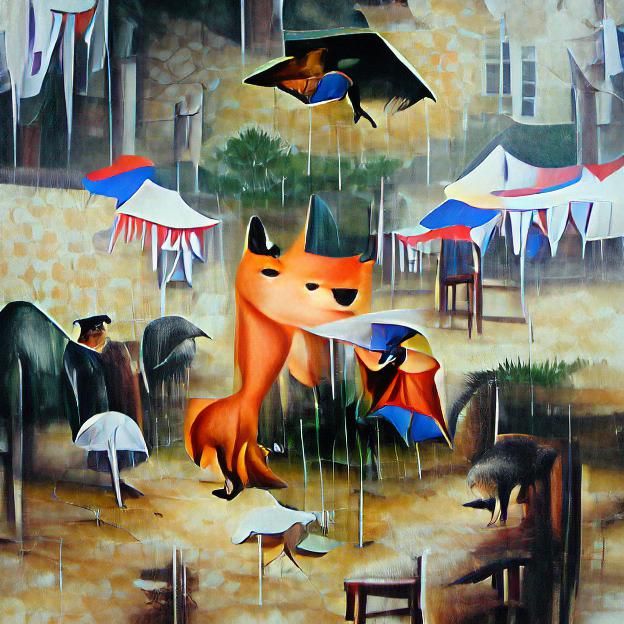 Fox with Red Umbrella in Cartoon Style