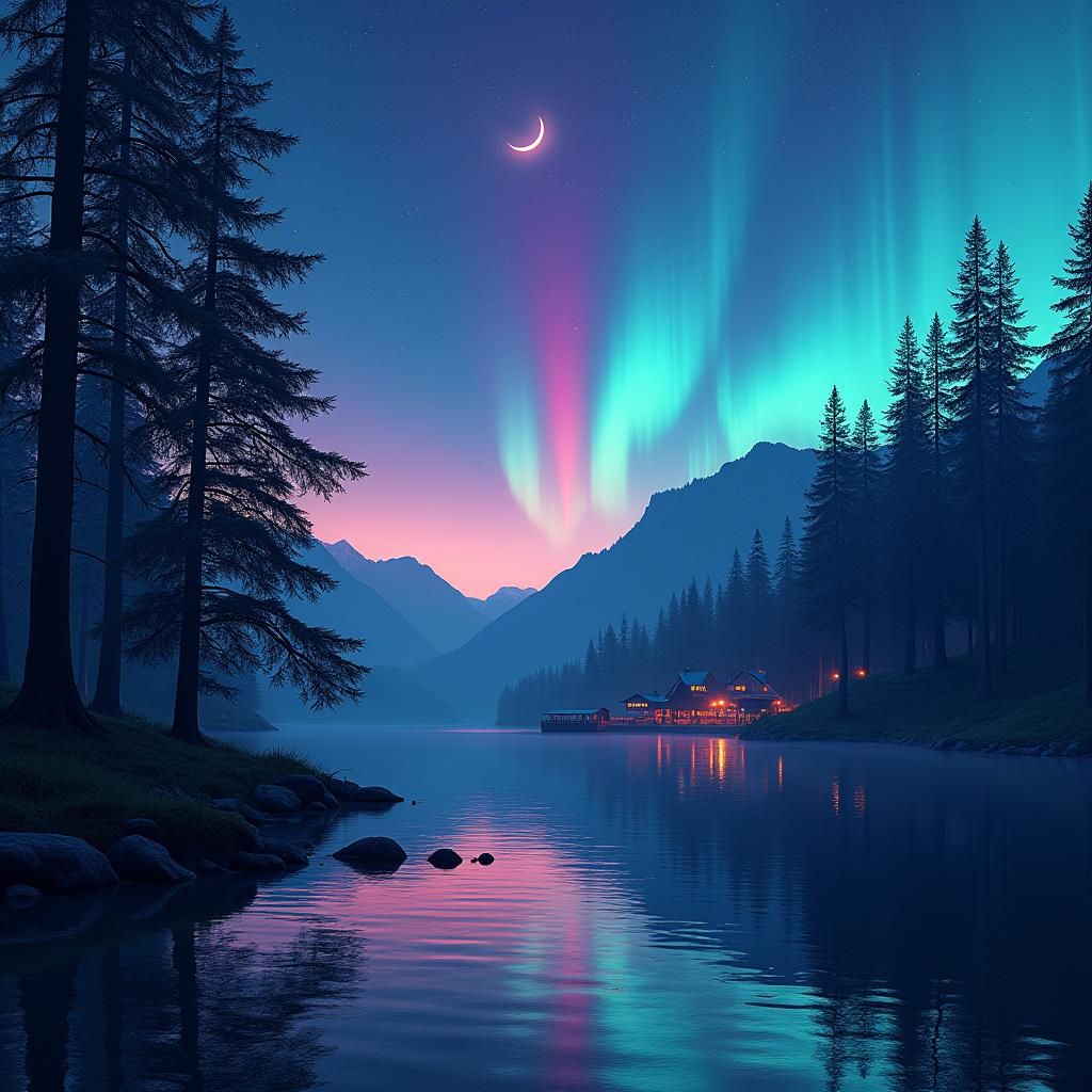 Serene Valley at Dusk with Aurora Borealis
