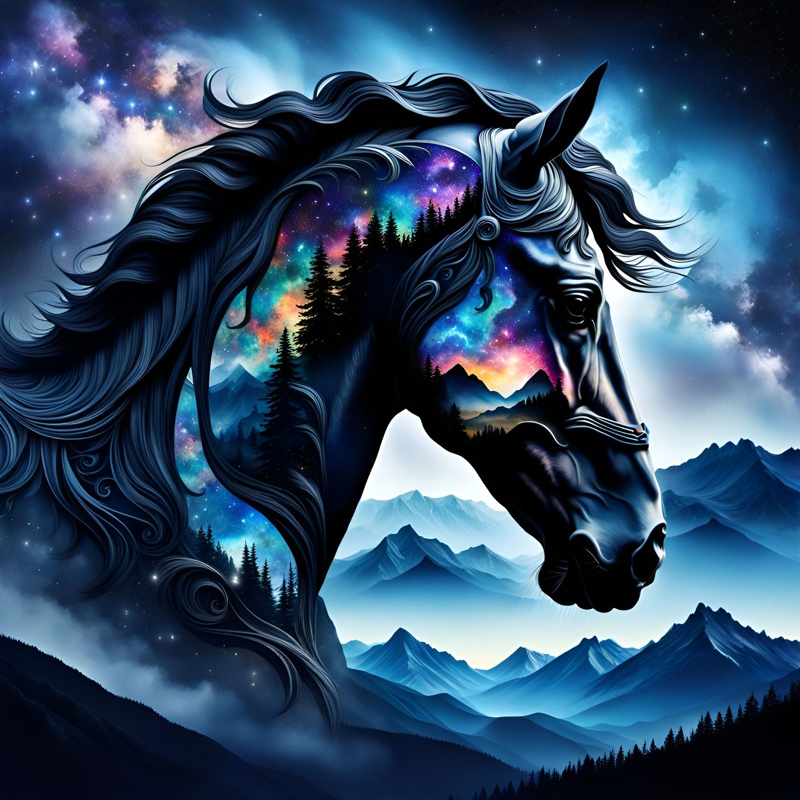 Galaxy Horse Head Silhouette with Mountains