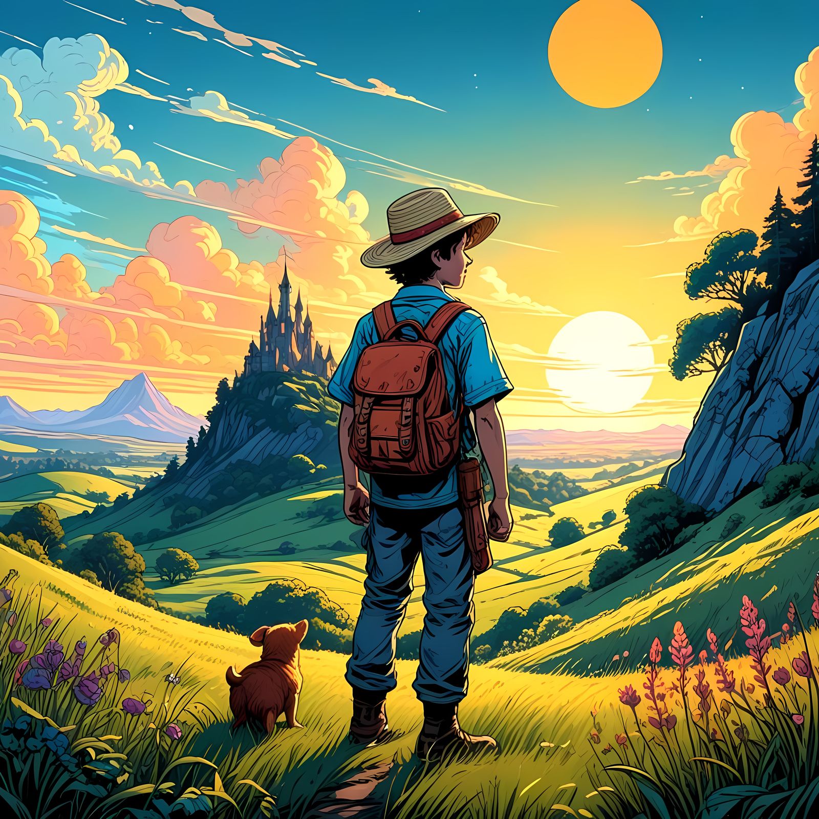 Young Adventurer Stands Before a Majestic Castle in a Vibran...