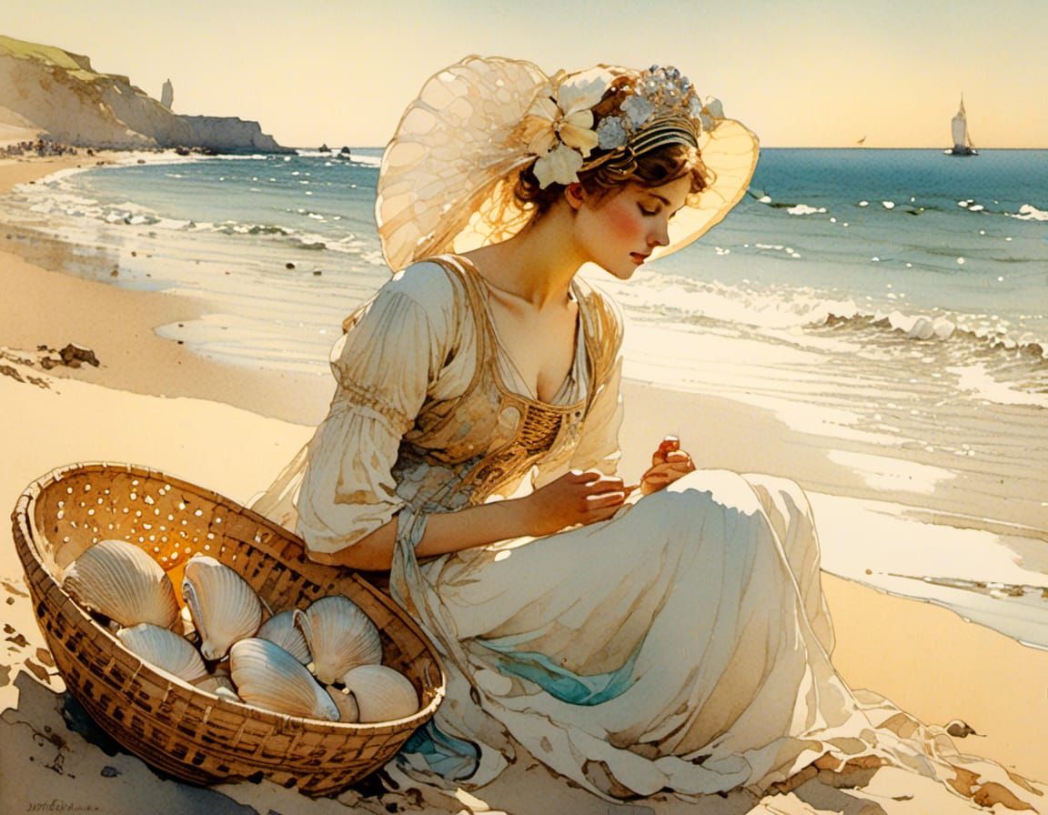 Breton Woman with Shells in Art Nouveau Watercolor