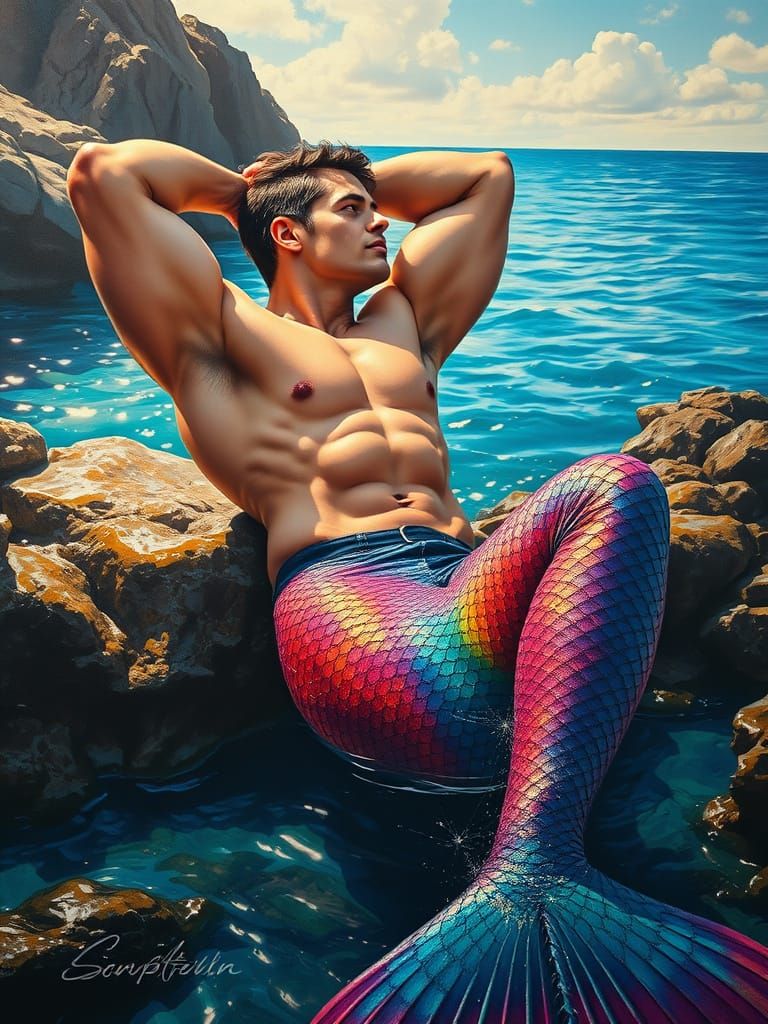 Merman Relaxing by the Sea in Hyperrealistic Style