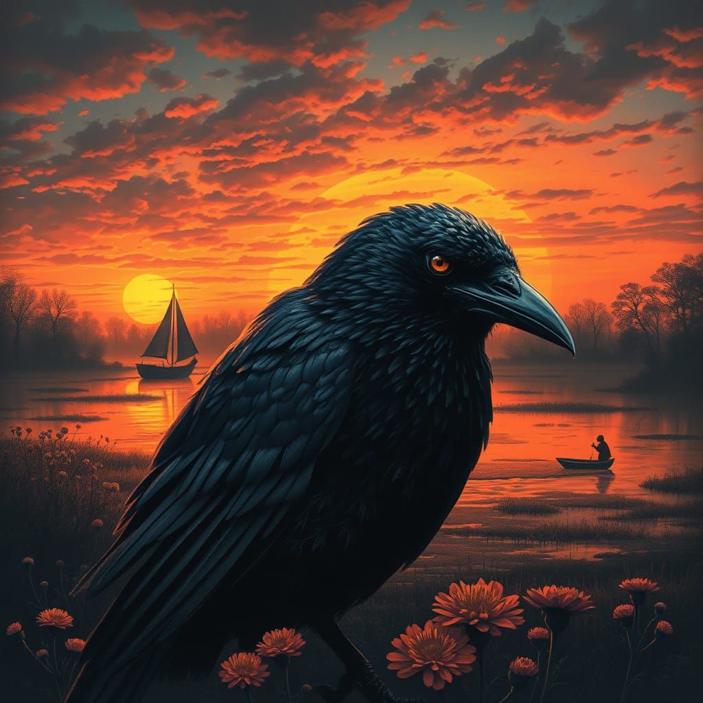 Raven by Swamp River in Color Print Style