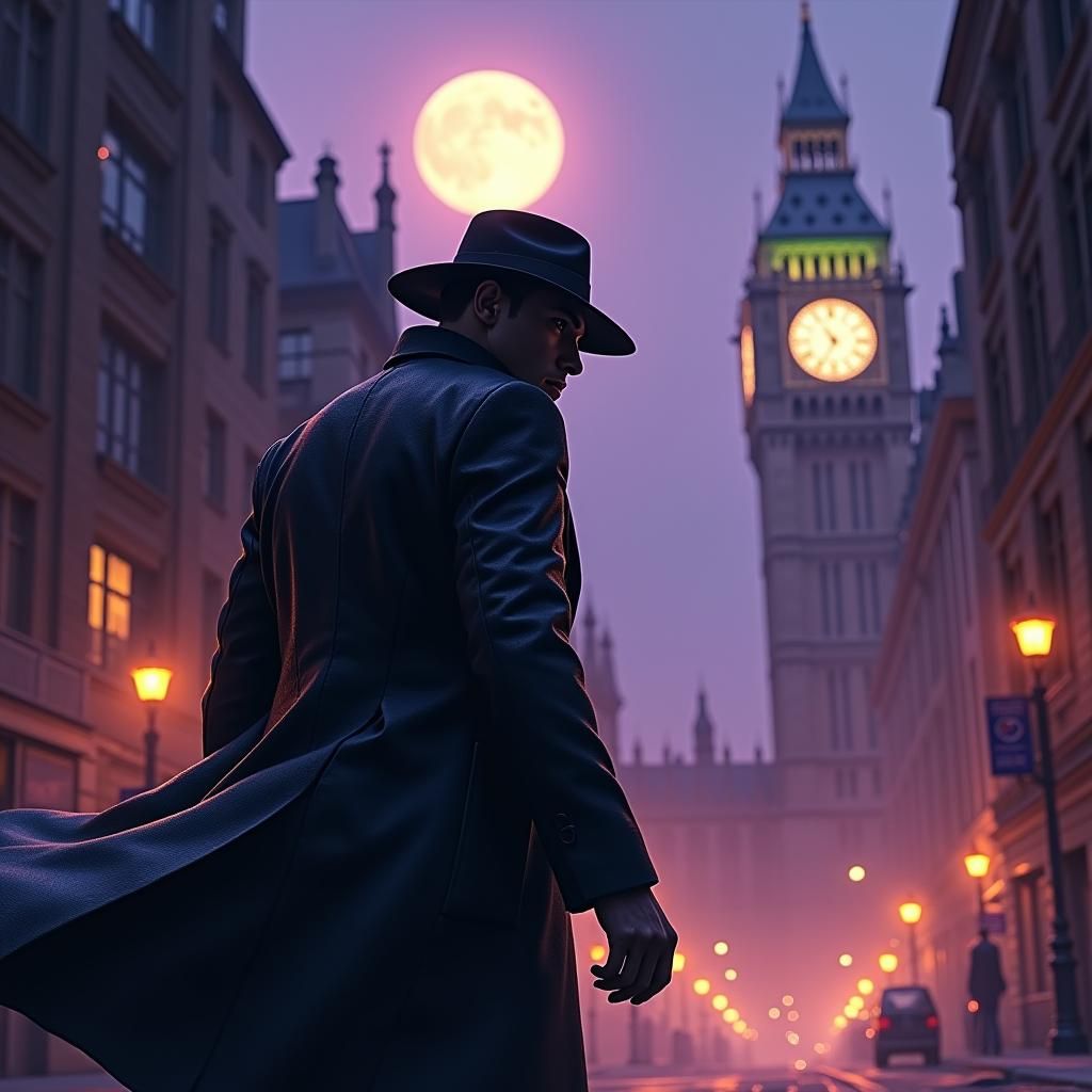 Spy in Shadowy Cityscape: Matte Painting Style