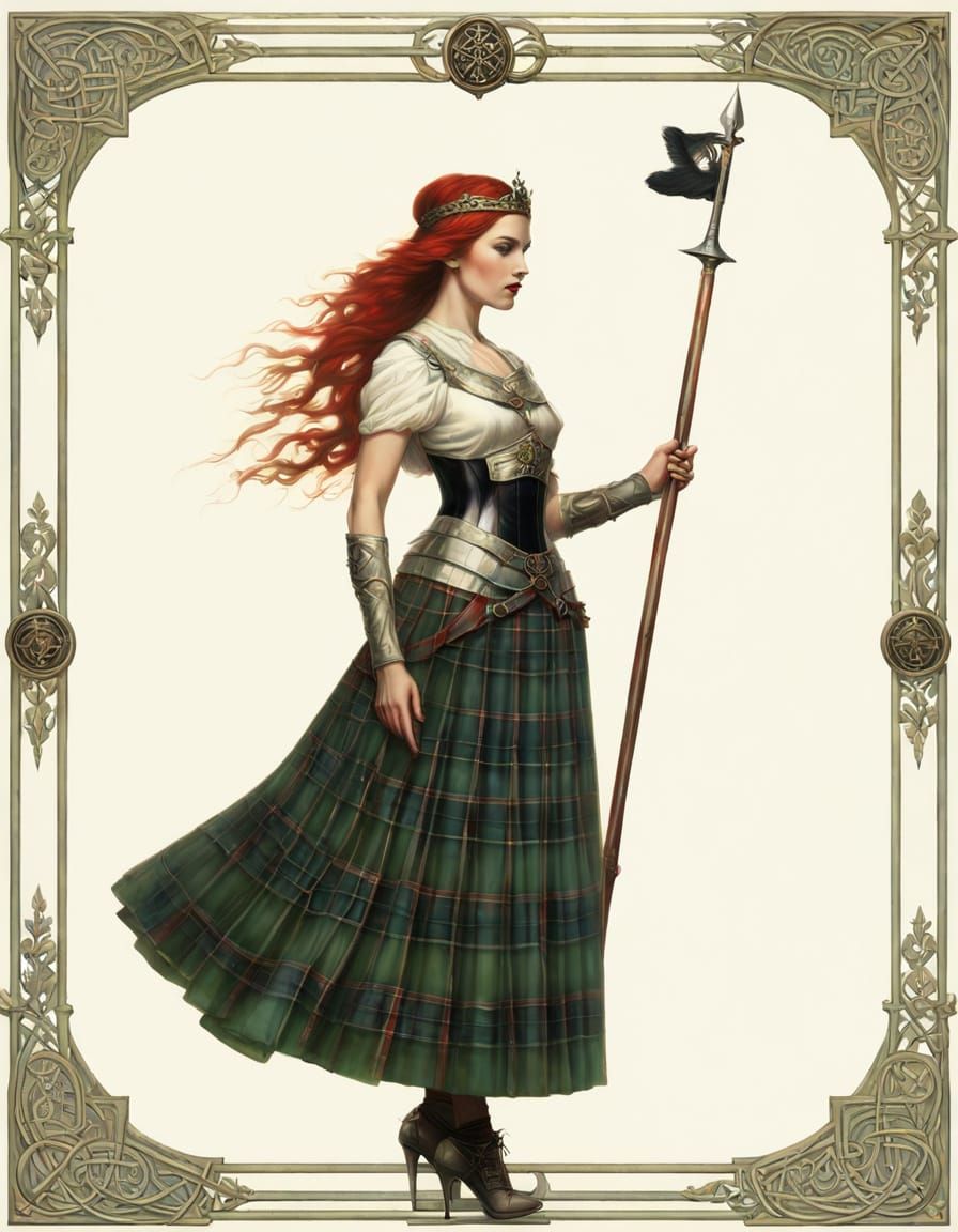 Celtic Princess in Tartan Skirt Marches to War