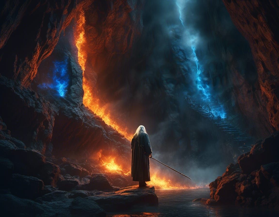 Gandalf the Grey with Flaming Sword in Cave
