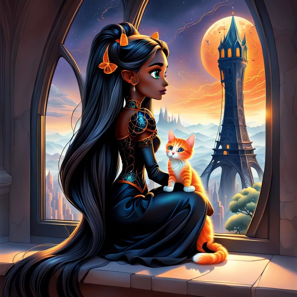 Rapunzel in Glass Tower with Kitten, Fractal Art
