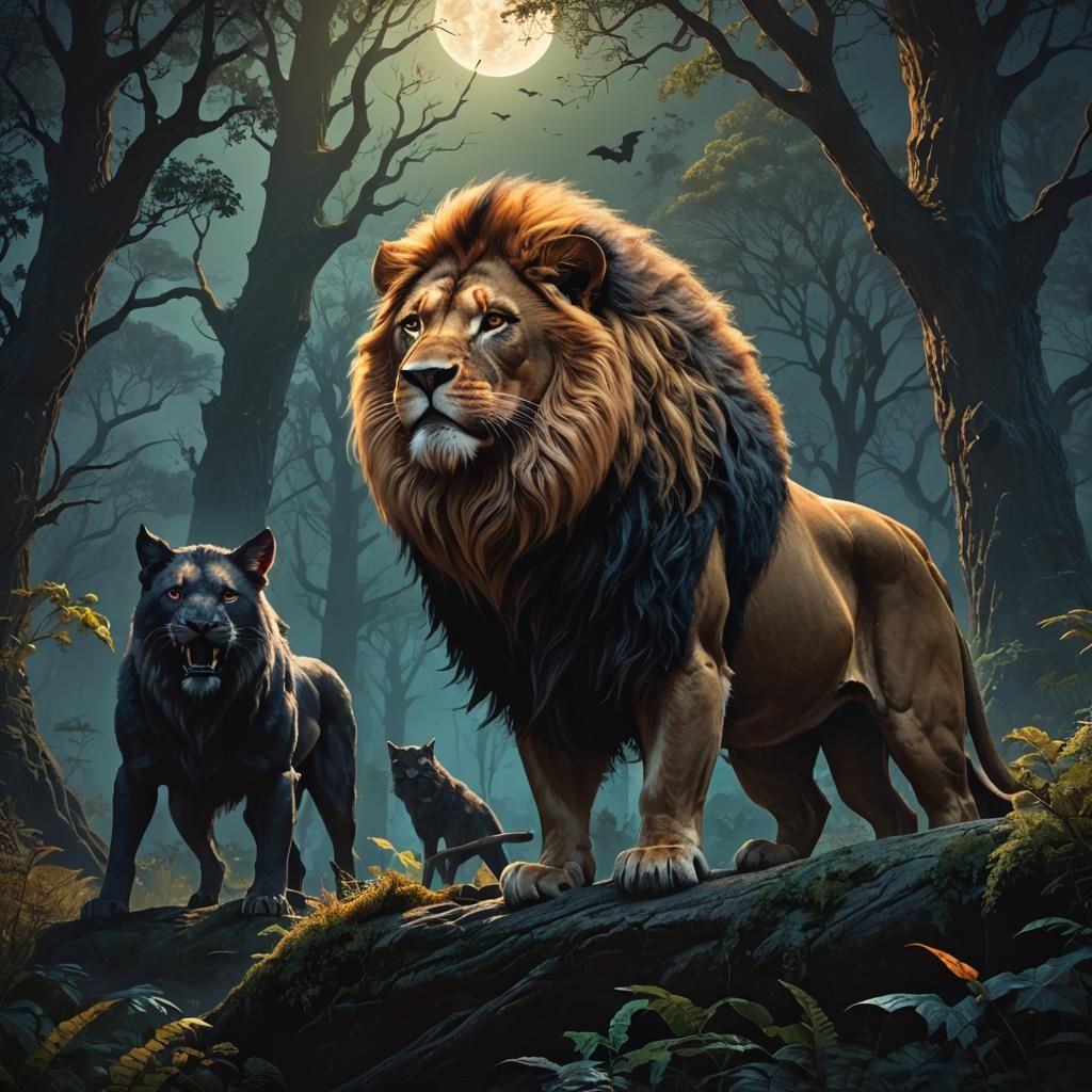 Mystical Forest: Lion, Bat, and Werewolf in Moonlight