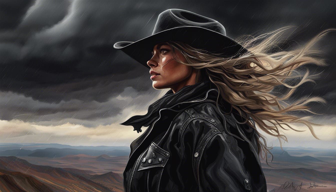 Lone Cowgirl Faces Storm in Distant Valley