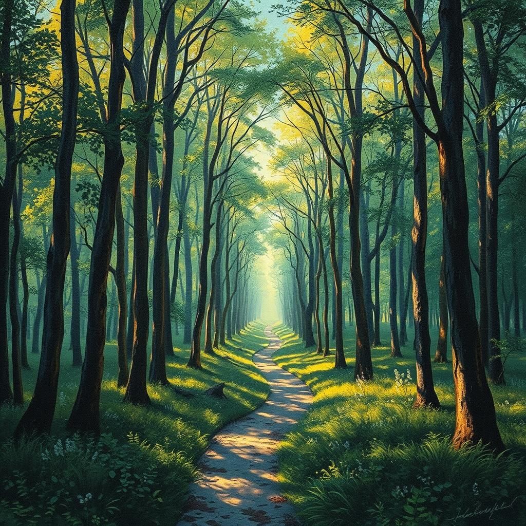 Green and Brown Forest in Impressionist Style