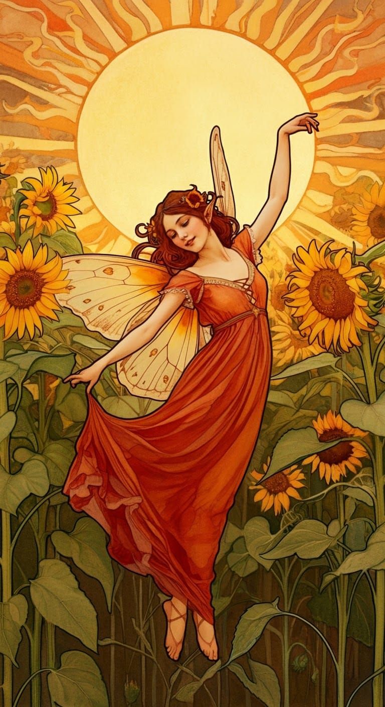 Fairy Dancing in Sunflower Field, Pre-Raphaelite Style