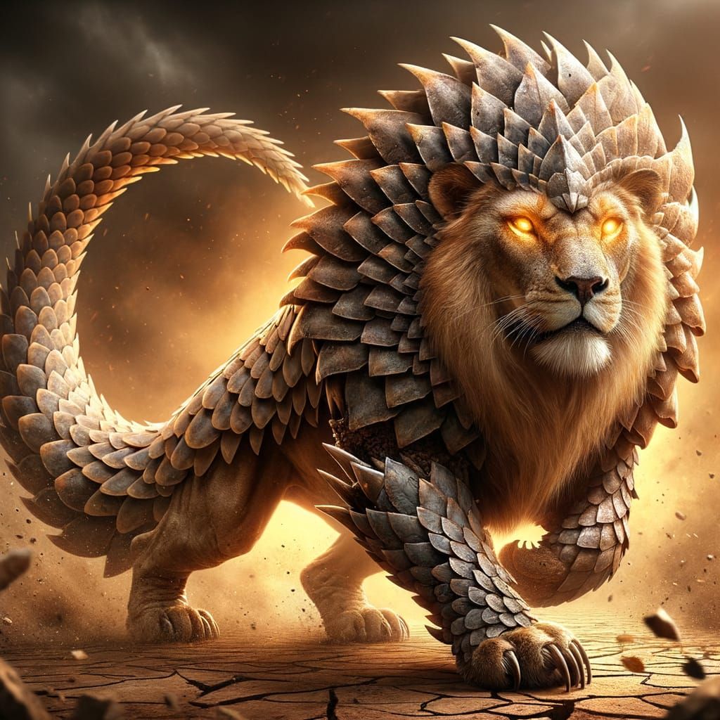 Lion Pangolin Hybrid Roaring on Battlefield