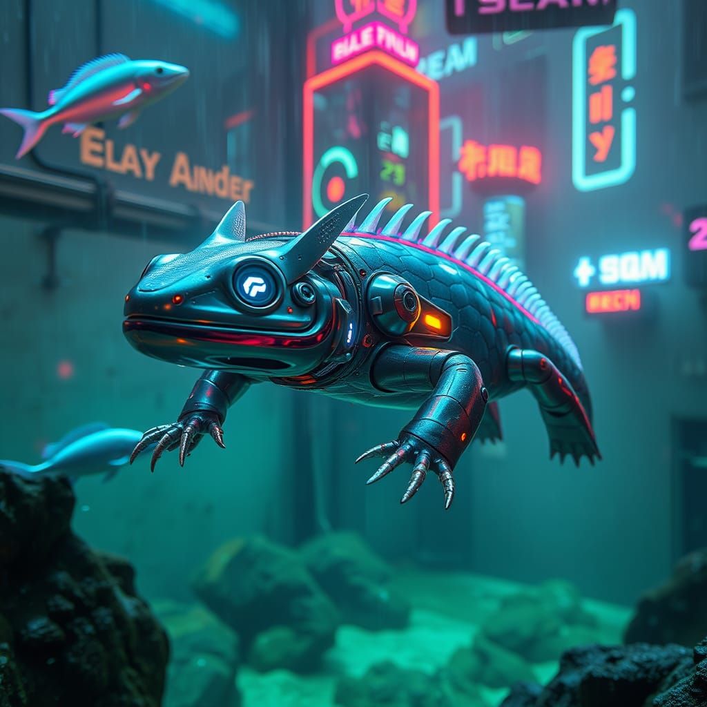 Cybernetic Axolotl in Dystopian Aquarium Scene