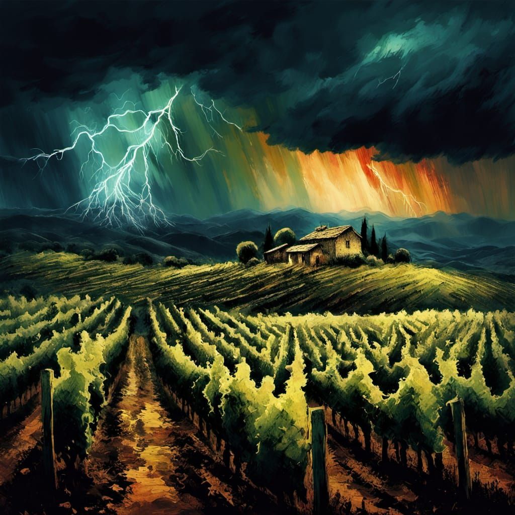 Mysterious Storm Over Vineyard in Deep Colors