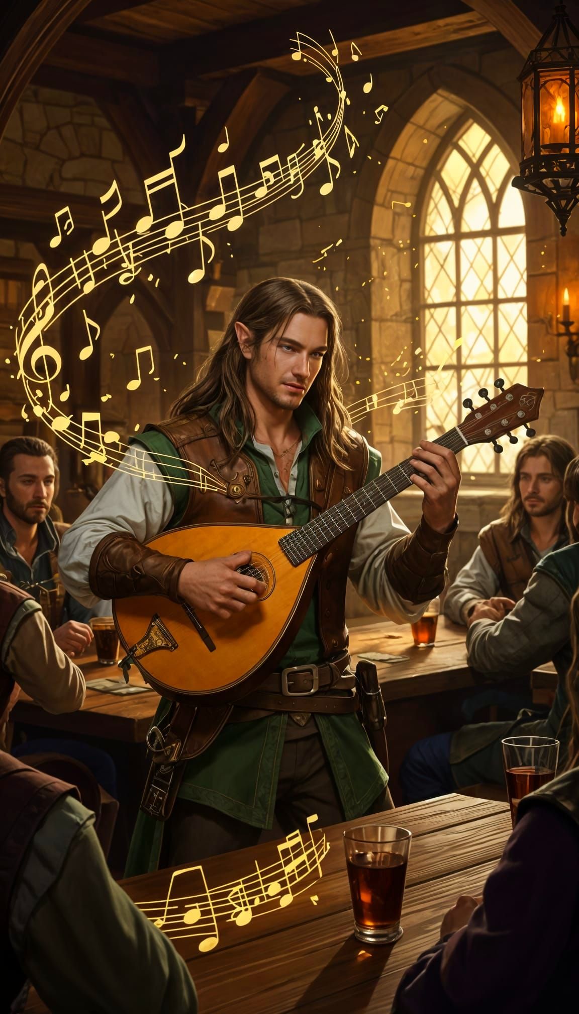 Half-Elf Bard Enthralls Tavern Crowd with Lute Songs