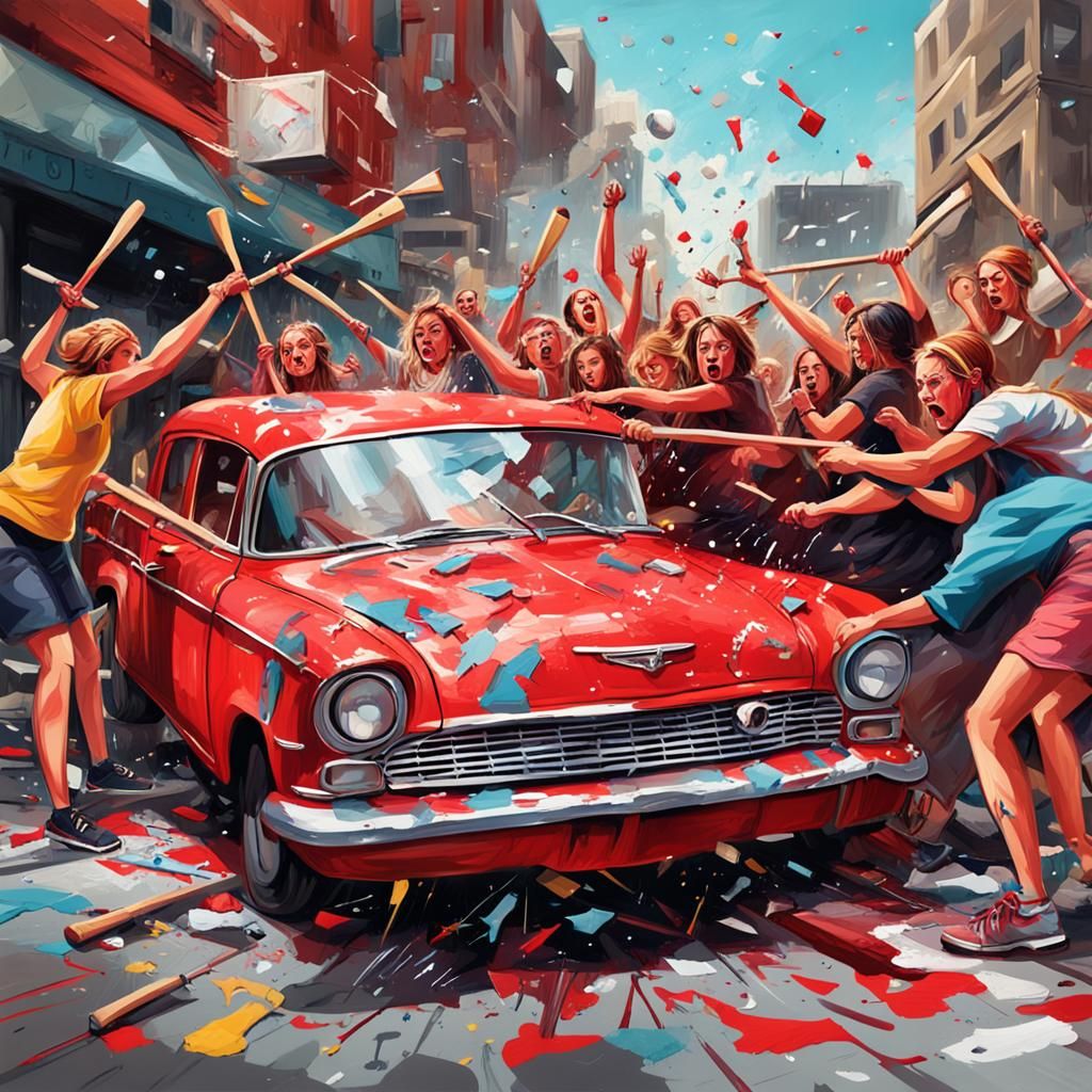 Women Smash Car: Graffiti Art in Polychromatic Detail